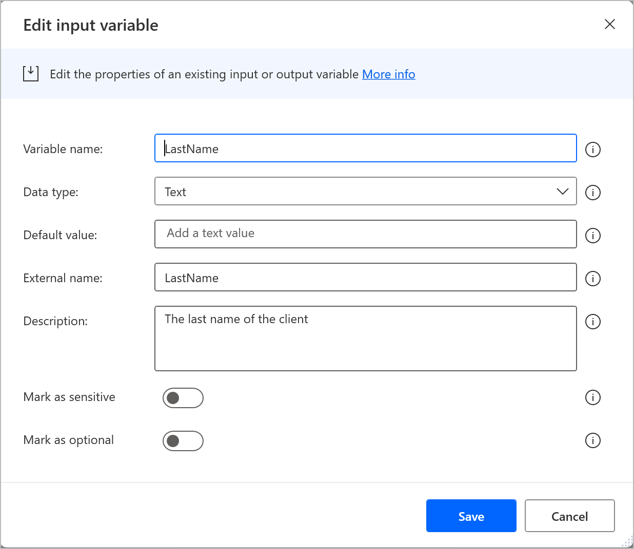 Skærmbillede af dialog til redigering af input-/outputvariabler.