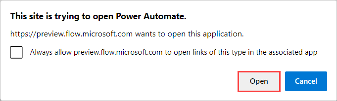 Skærmbillede af en browsermeddelelse, hvor du bliver spurgt, om du vil åbne Power Automate.