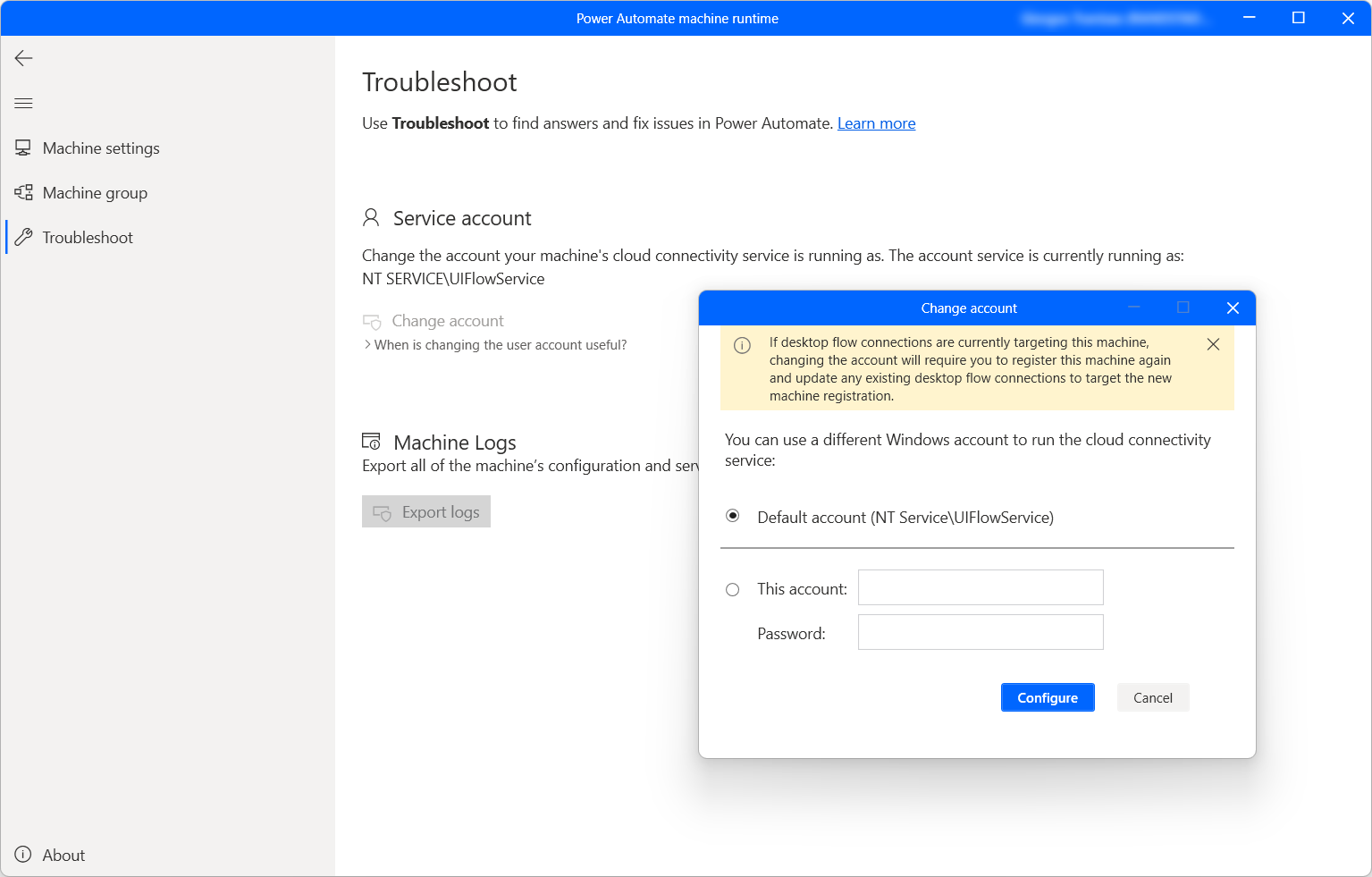 Skærmbillede af dialogboksen Power Automate – Fejlfinding.