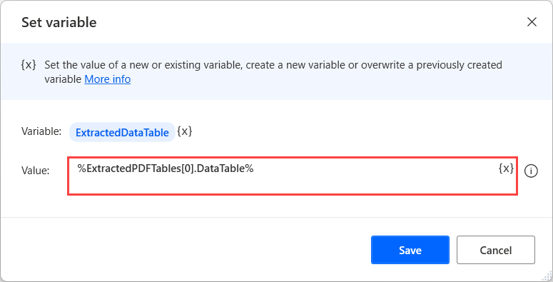 Skærmbillede af datatabellen, der findes på en liste over oplysningsvariabler for PDF-tabeller.