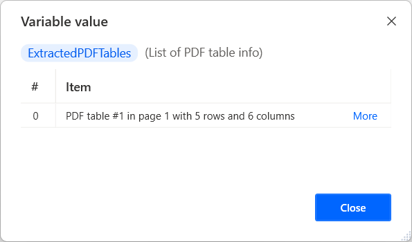 Skærmbillede af liste over PDF-tabeloplysninger.