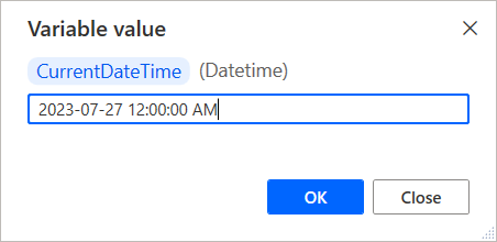 Skærmbillede af datetime-variabel der ændres i variabelfremviser.