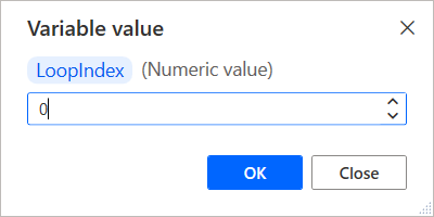 Skærmbillede af numerisk variabel der ændres i variabelfremviser.