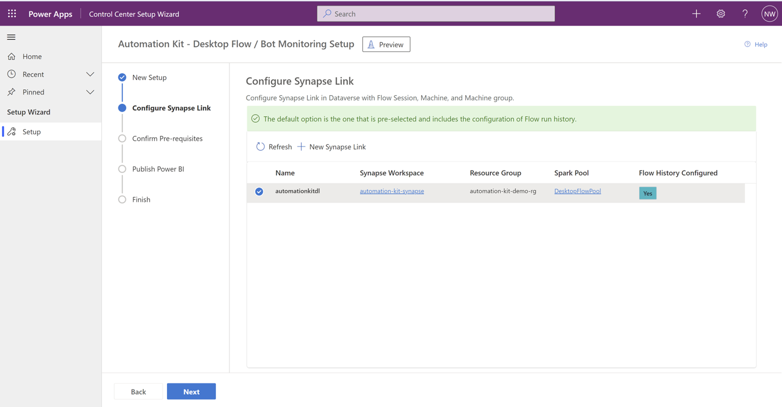 Skærmbillede af Automatiseringspakke – Kontrolcenter Azure Synapse Link.