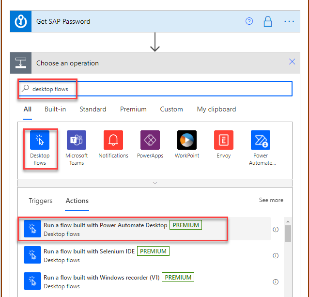 Skærmbillede af, hvordan du tilføjer handlingen Kør et flow, der er oprettet med Power Automate Desktop.