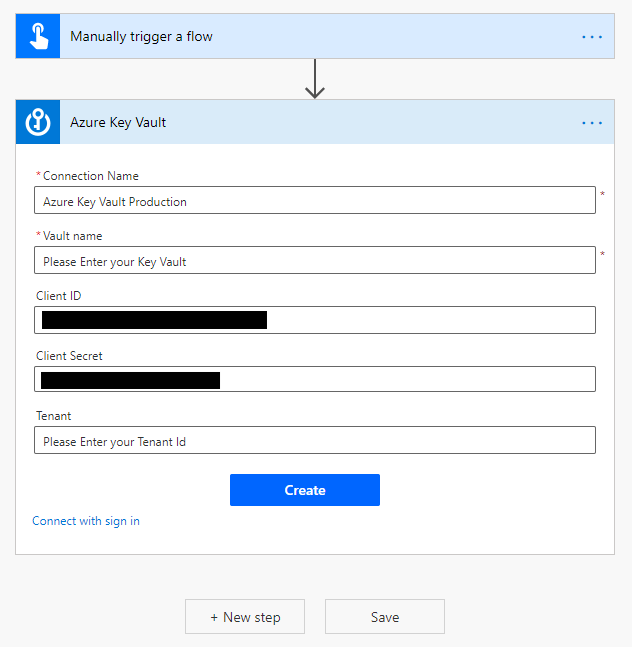 Skærmbillede af, hvordan du opretter forbindelse ved hjælp af Azure Key Vault-handlingen i Power Automate-flowdesigneren, når du er logget på.