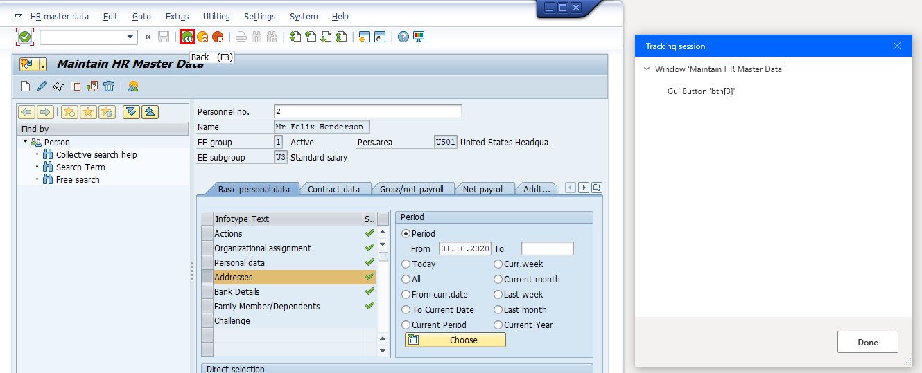 Skærmbillede af vinduet Bevar HR-masterdata i SAP Easy Access sammen med vinduet Sporingssession fra Power Automate Desktop.