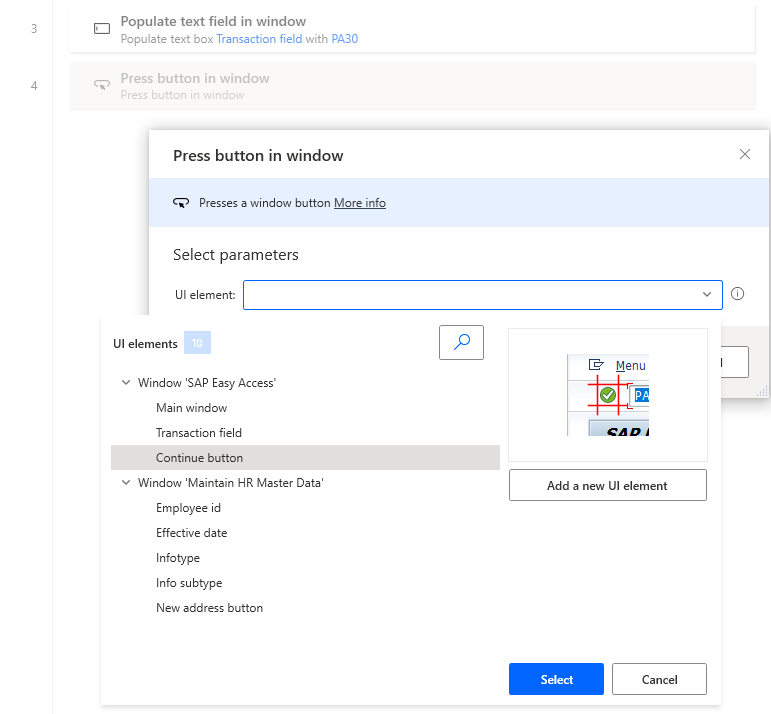 Skærmbillede af vinduet med Power Automate Desktop-designeren med dialogboksen Tryk på knappen i vinduet åben og rullemenuen med elementer på brugergrænsefladen åben.