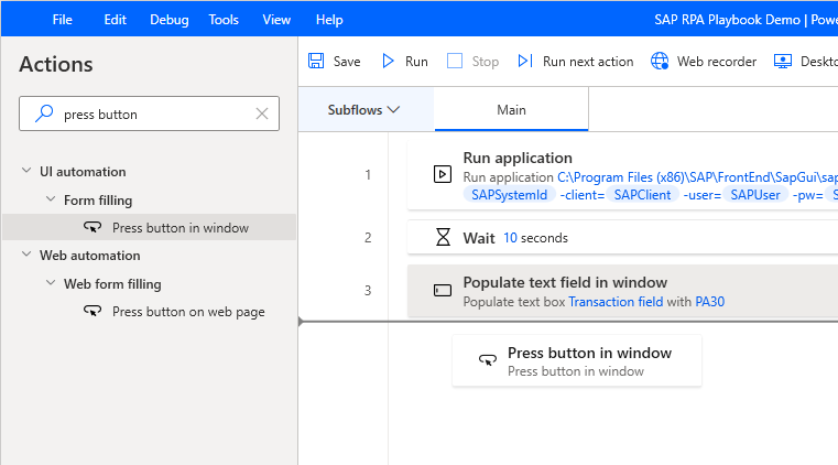 Skærmbillede af vinduet Power Automate Desktop-designeren med Tryk på knappen i vinduet, der tilføjes fra ruden Handlinger under vent 10 sekunder.