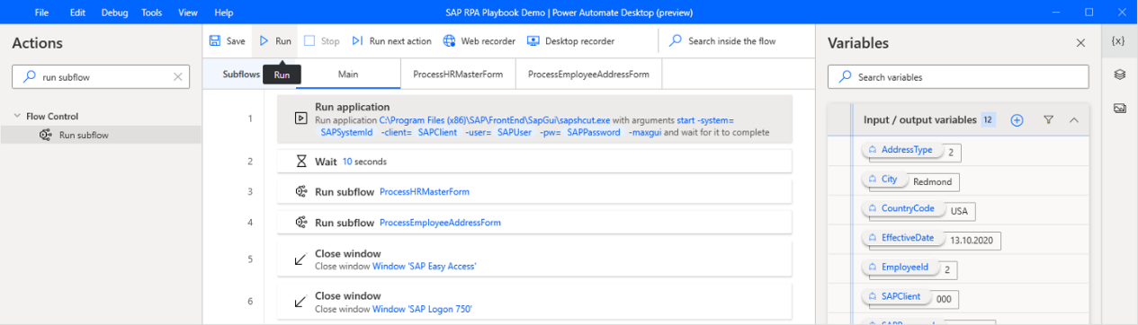 Skærmbillede af vinduet med Power Automate Desktop-designeren, hvor knappen Kør er valgt.