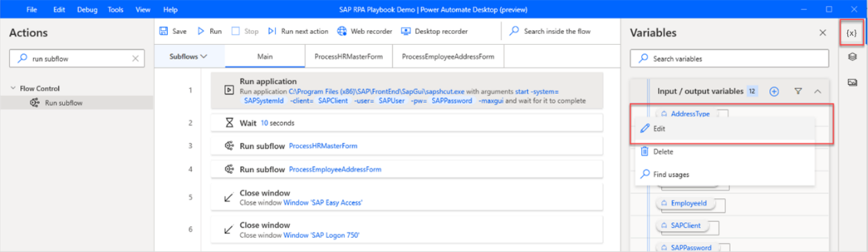 Skærmbillede af oprettelsesoplevelsen med Power Automate Desktop med en valgt variabel, der skal redigeres.