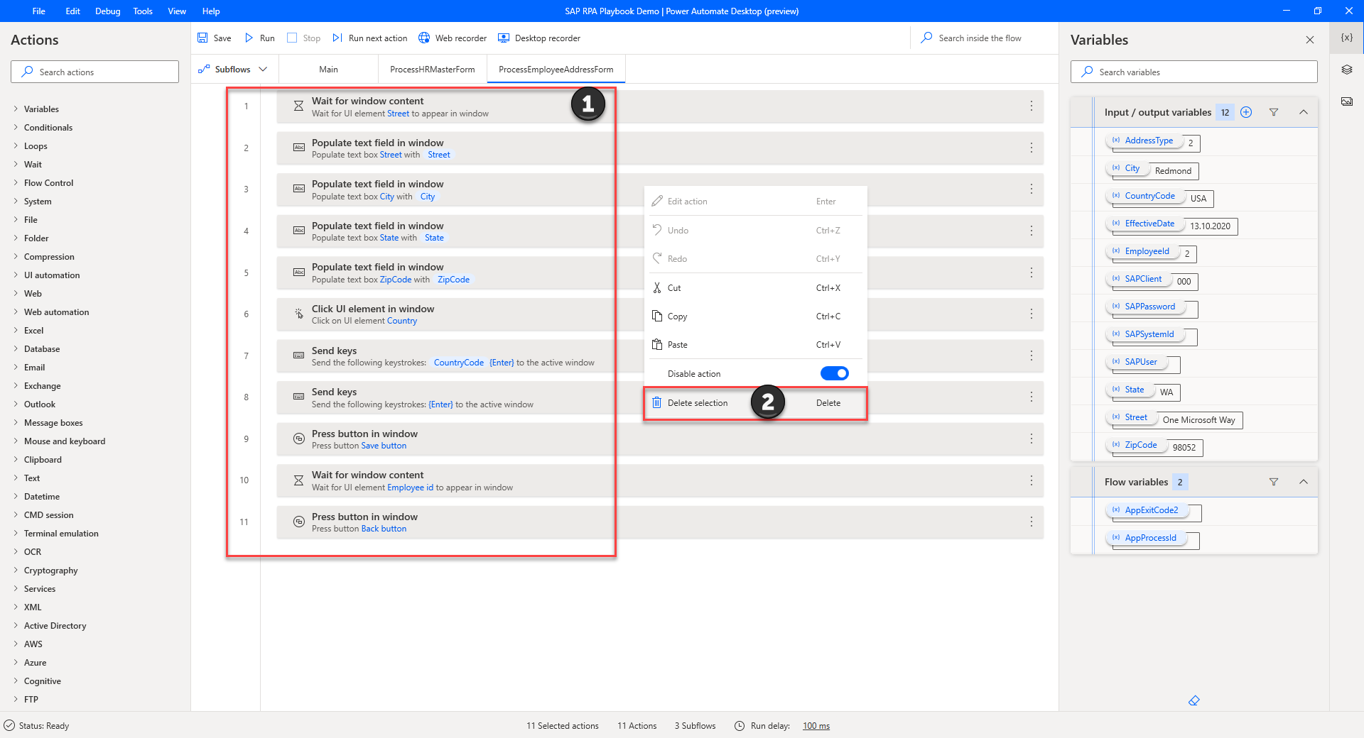 Skærmbillede af Power Automate Desktop, der fremhæver alle handlinger, som skal slettes i underflowet ProcessEmployeeAddressMaster.