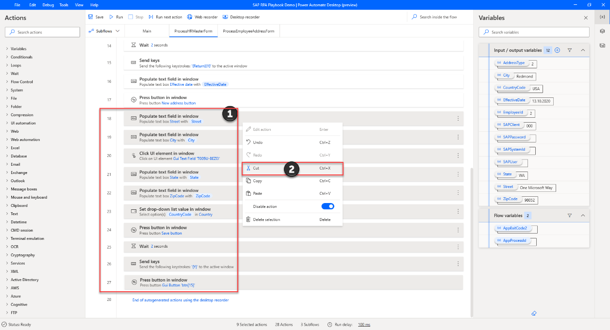 Skærmbillede af Power Automate Desktop, der viser handlinger til oprettelse af adresser, der er blevet fremhævet og fjernet.