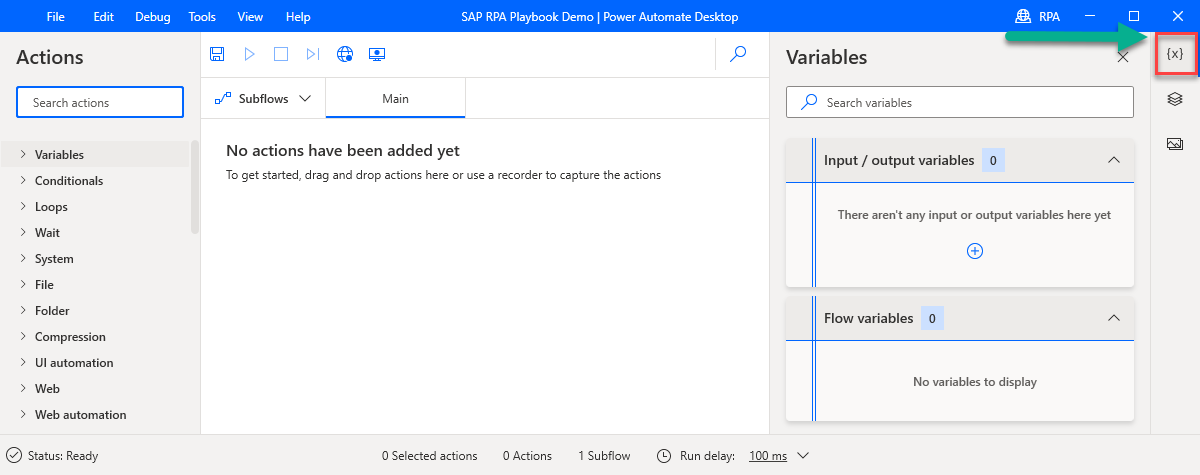 Skærmbillede af ikonet for Power Automate Desktop-variabler til højre på skærmen.