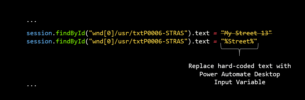 Skærmbillede af VBScript-kode, der viser en hard-coded feltværdi, som erstattes af en inputvariabel