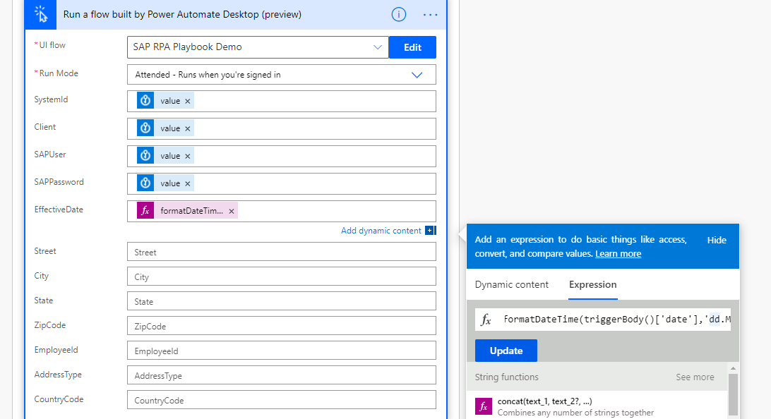 Skærmbillede af dialogboksen Kør et flow, der er oprettet med Power Automate Desktop med udtrykket for datoformat.