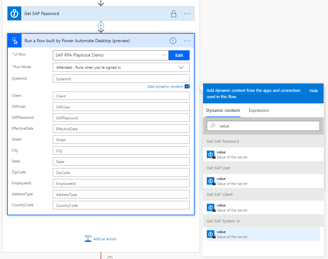 Skærmbillede af dialogboksen Kør et flow, der er oprettet med Power Automate Desktop, hvor system-id'et tilføjes fra dynamisk indhold.