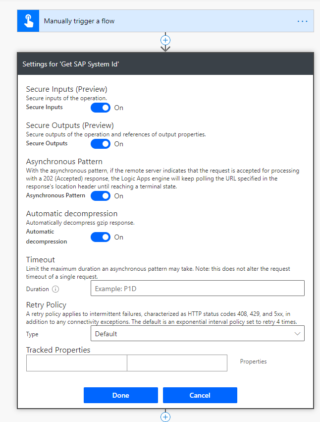 Skærmbillede af Sikre input og Sikre output slået til i indstillingerne for hemmeligheden Hent SAP-system-id.