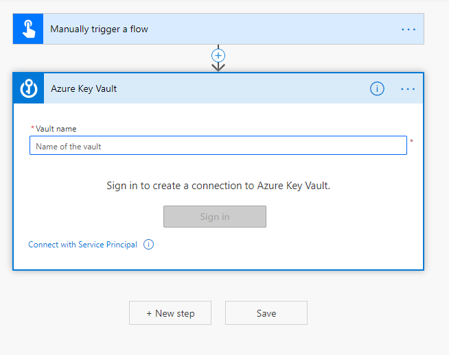 Skærmbillede af en Azure Key Vault-handling i Power Automate-flowdesigneren.