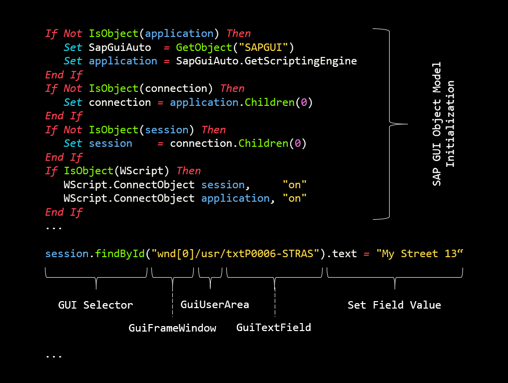 Skærmbillede af VBScript-koden, der er markeret til at vise syntaks.