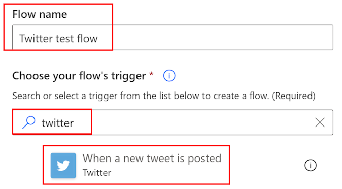 Skærmbillede af navn på dit flow og søgning efter Twitter-udløseren.