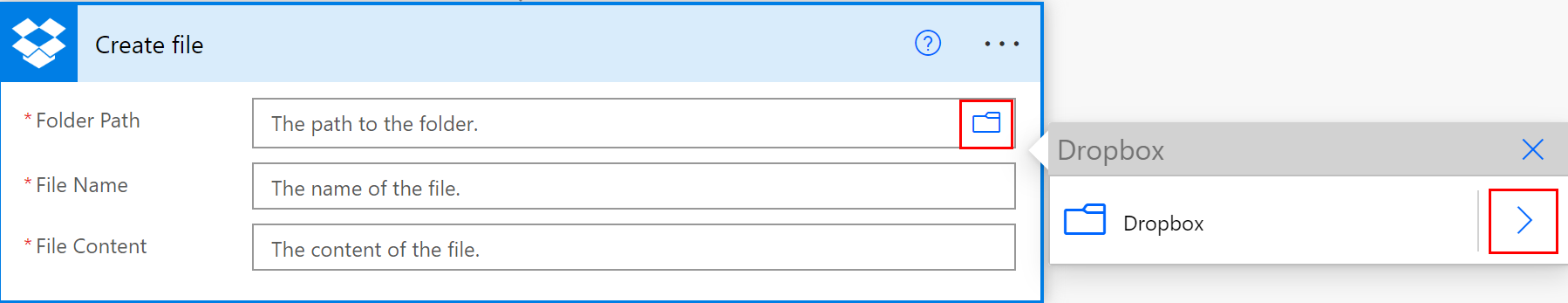 Skærmbillede af valg af en Dropbox-mappesti.