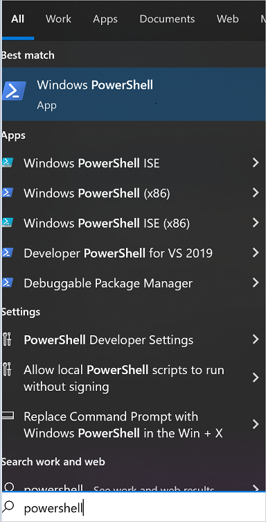 Skærmbillede, der viser, at PowerShell startes fra Windows.