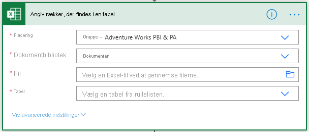 Screenshot that shows where to select the location of the Excel Online table.