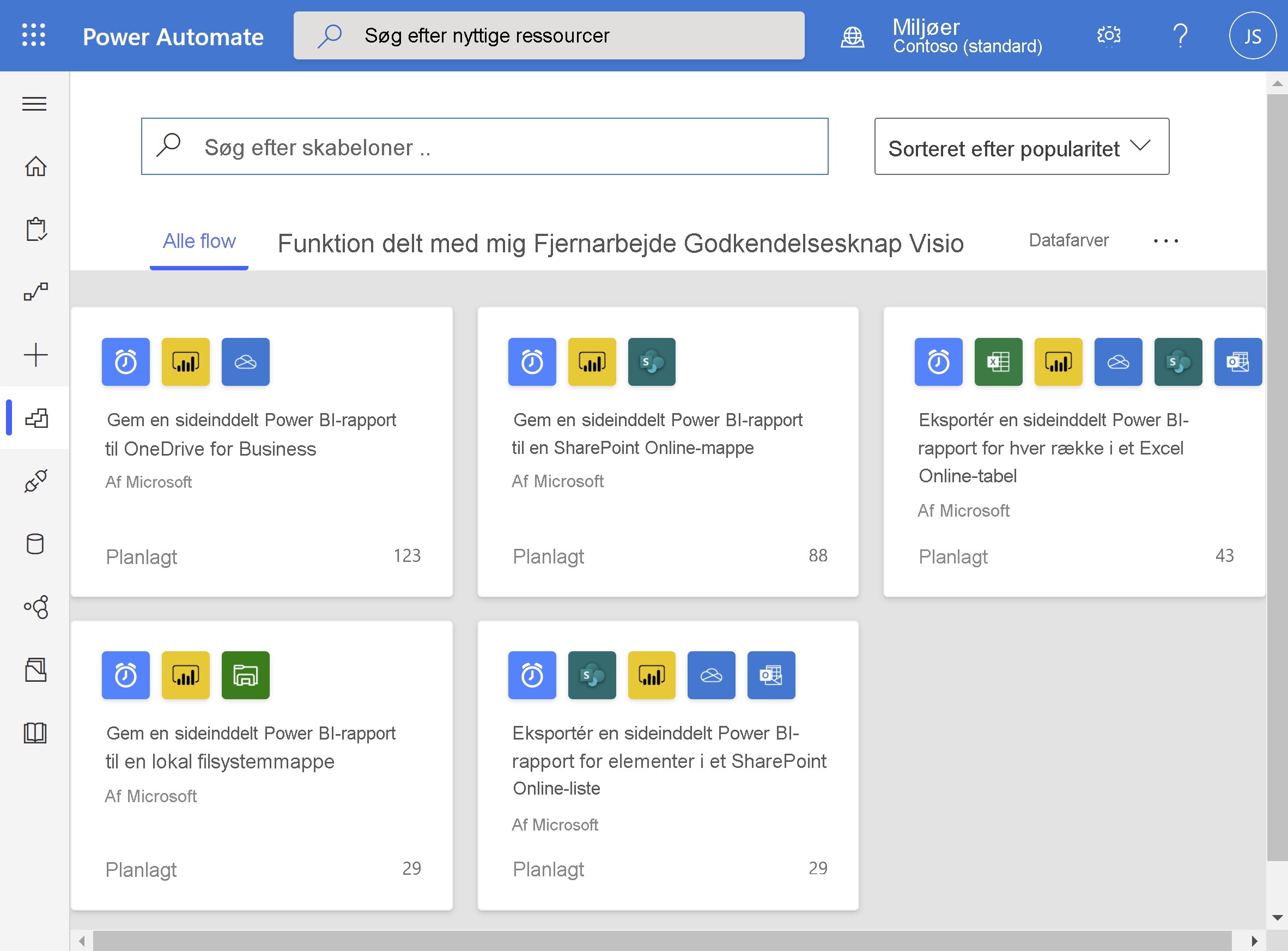 Skærmbillede, der viser Power Automate-skabelonerne til sideinddelte rapporter i Power BI.