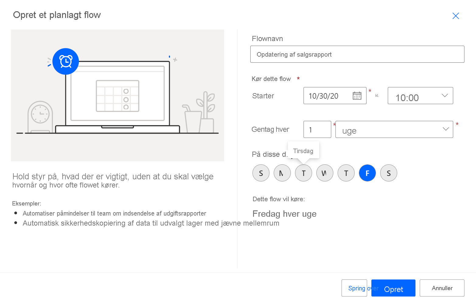 Skærmbillede, der viser dialogboksen Opret et planlagt cloudflow.