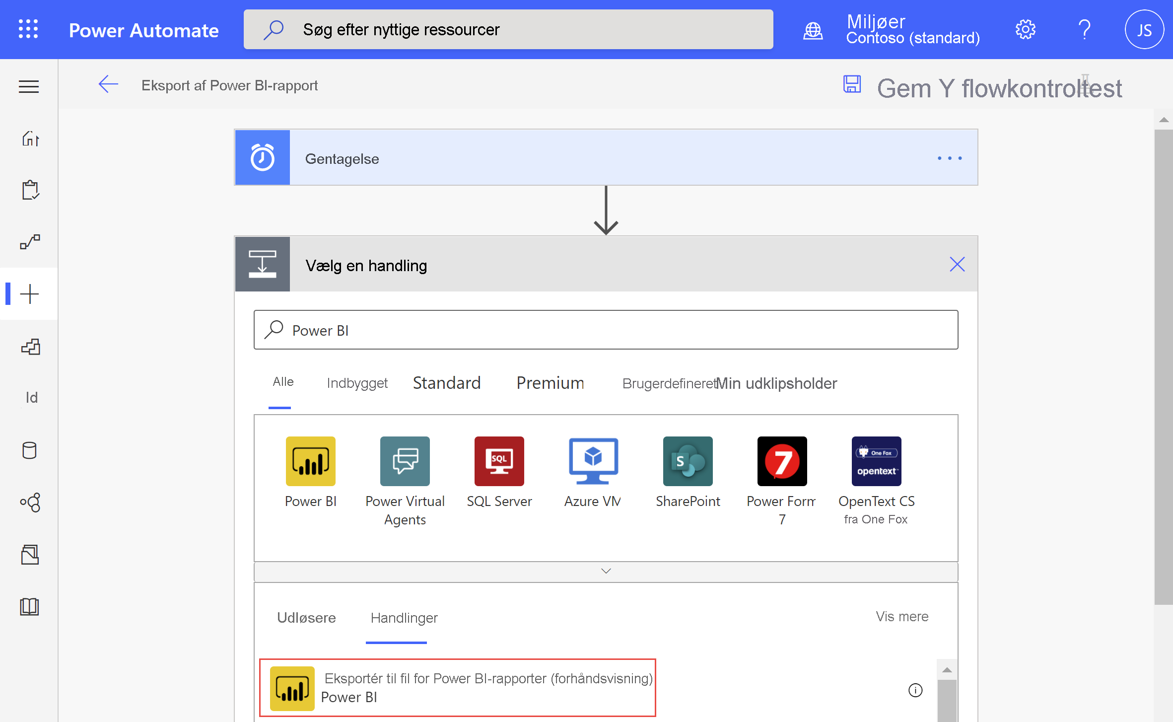 Skærmbillede, der viser dialogboksen Power Automate til valg af en handling. Eksportér til fil til Power BI-rapporter er fremhævet.