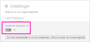 Skærmbillede af Premium-kapacitet slået til.