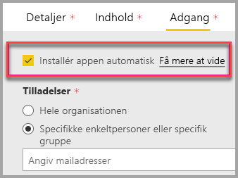 Skærmbillede af Power BI-administrationsportalen med Installér app valgt automatisk.