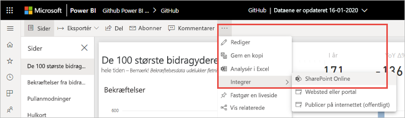 Skærmbillede, der viser menuen Flere indstillinger med SharePoint Online fremhævet.