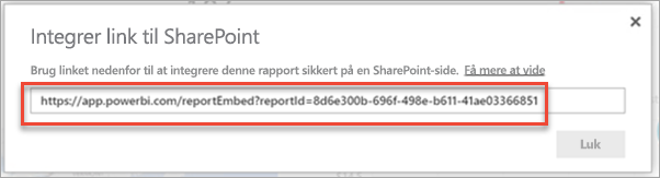 Skærmbillede af dialogboksen Integrer link med rapportlinket fremhævet.