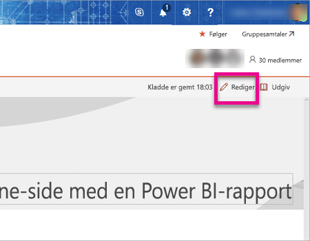 Skærmbillede af sharePoint-redigeringssiden med redigeringsindstillingen fremhævet.