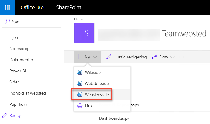 Skærmbillede af SharePoint-vinduet. Sider er fremhævet i navigationsruden. Webstedssiden er valgt.