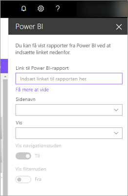 Skærmbillede af egenskaberne for den nye SharePoint-webdel med power BI-rapportlinket fremhævet.