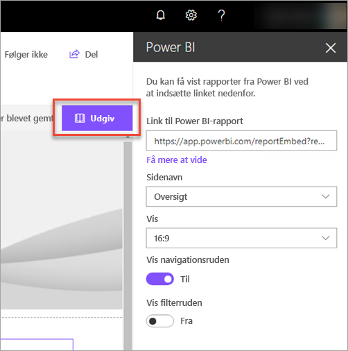 Skærmbillede af power BI-rapportlinket, der viser indstillingen Publicer valgt.