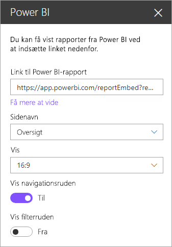 Skærmbillede af dialogboksen med egenskaber for den nye SharePoint-webdel med power BI-rapportlinket fremhævet.