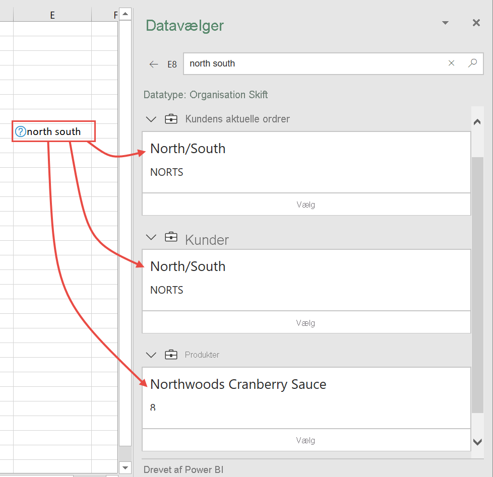 Screenshot of Excel Data Selector pane with multiple possibilities.