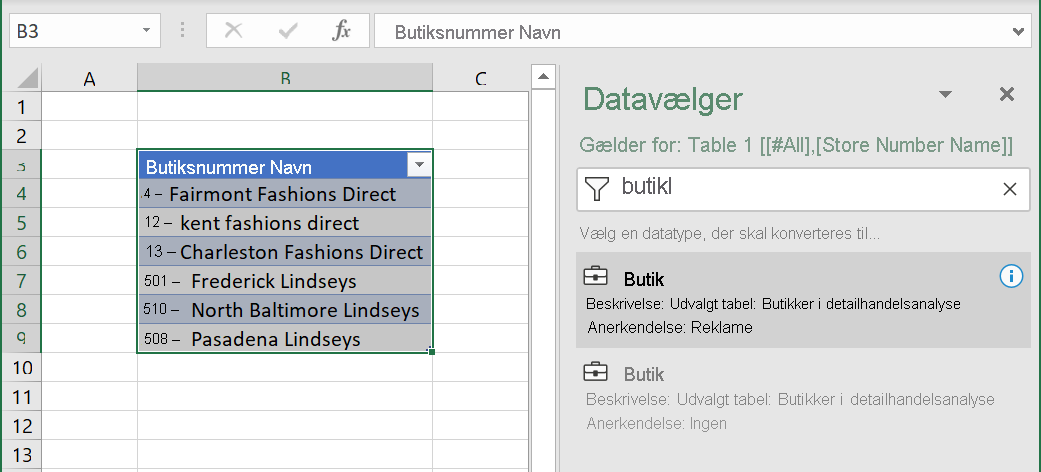 Screenshot of Excel Organizational Data, Suppliers data type table.