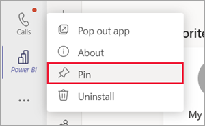 Skærmbillede af Teams-navigationsruden. Der højreklikkes på Power BI-ikonet, og fastgørelsesindstillingen er valgt.