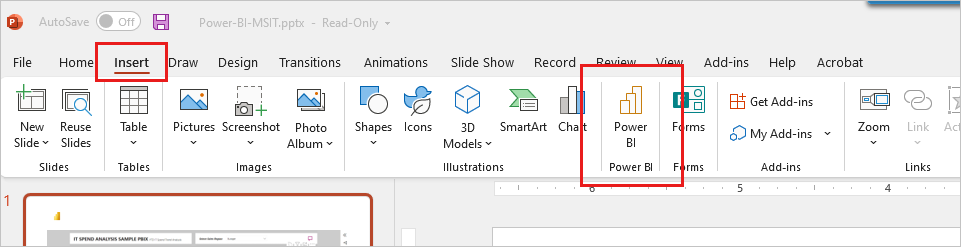 Skærmbillede af Power BI-tilføjelsesprogrammet til PowerPoint-knappen på båndet Indsæt.