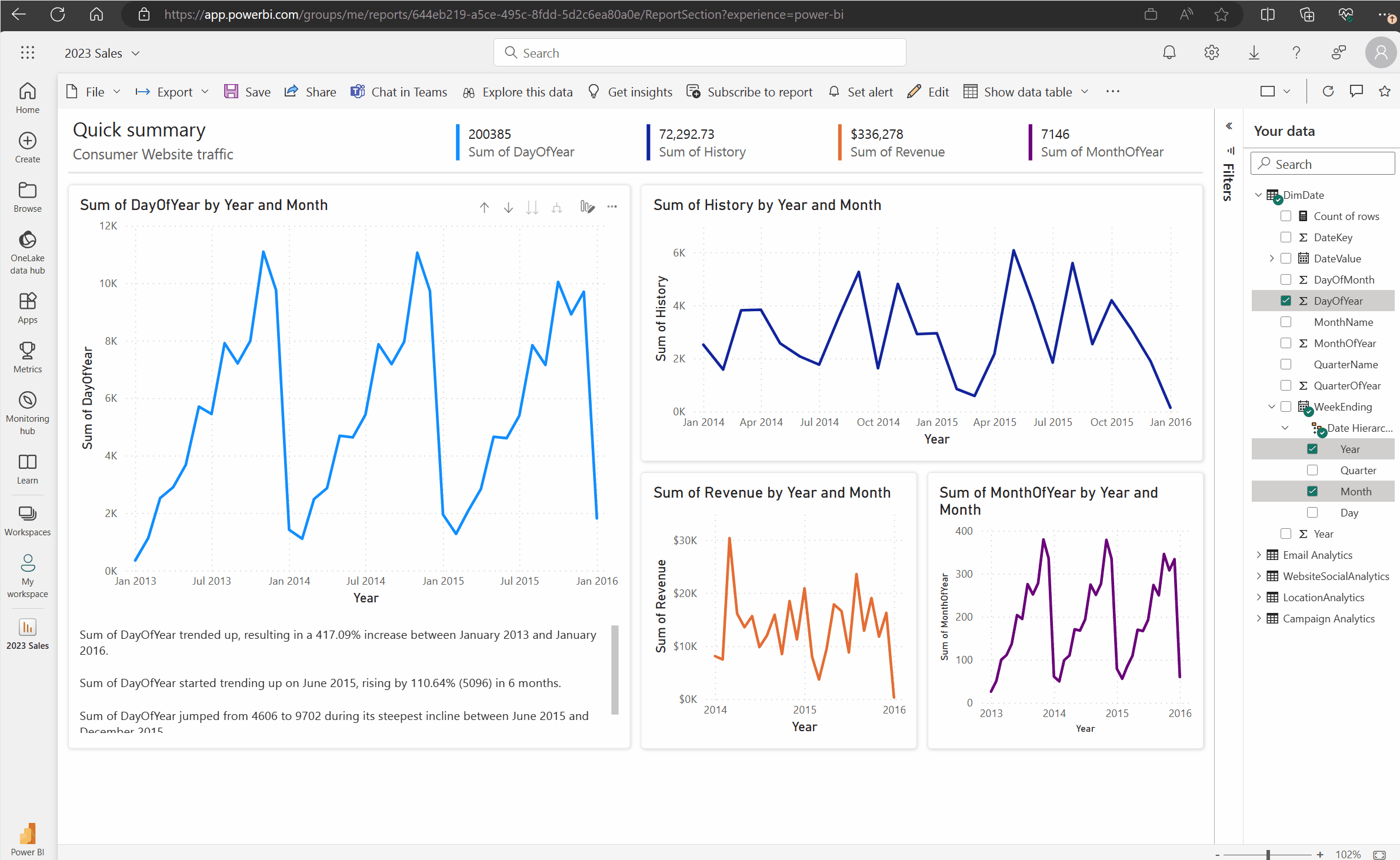 Skærmbillede af indsættelse af Power BI-rapportsiden i tilføjelsesprogrammet.