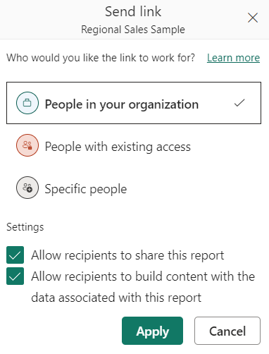 Skærmbillede af dialogboksen Send link til Power BI-rapport.