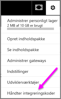 Skærmbillede af Administrer integreringskoder