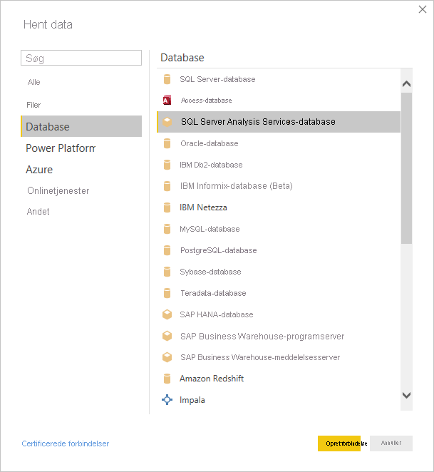 Skærmbillede, der viser dialogboksen Hent data, hvor SQL Server Analysis Services-databasen er valgt.