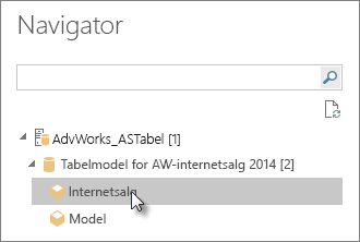 Skærmbillede, der viser tabelmodellen eller perspektivet i Navigator.