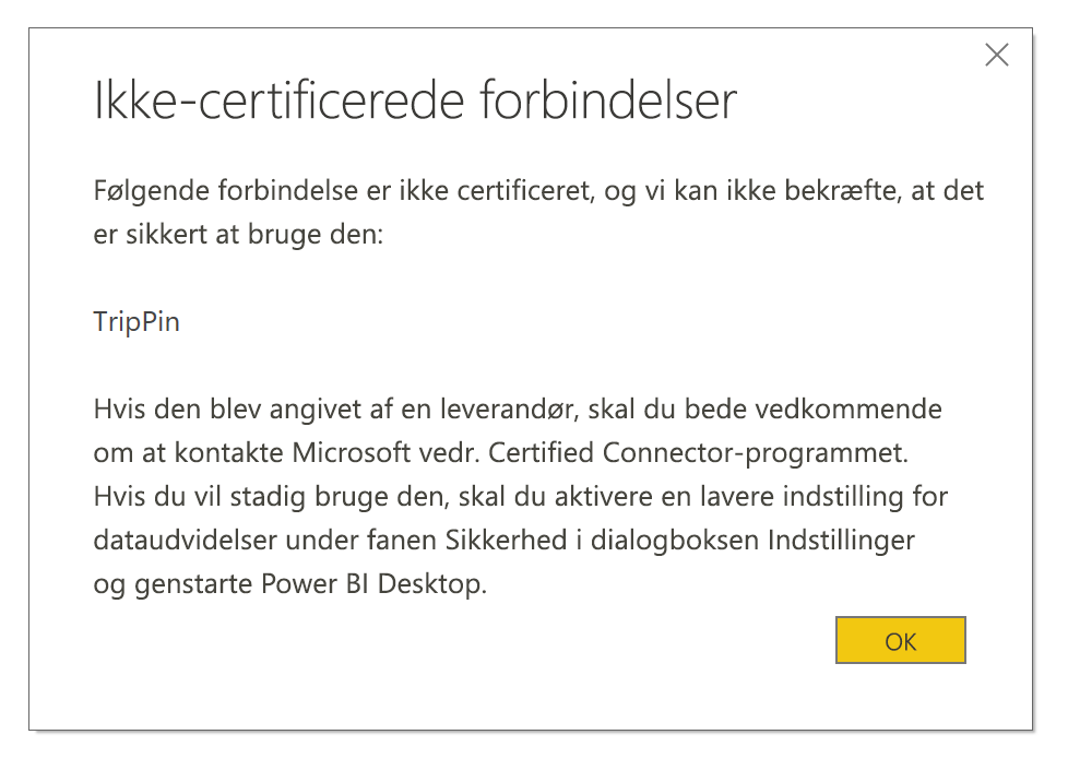 Skærmbillede, der viser dialogboksen Ikke-certificerede forbindelser.